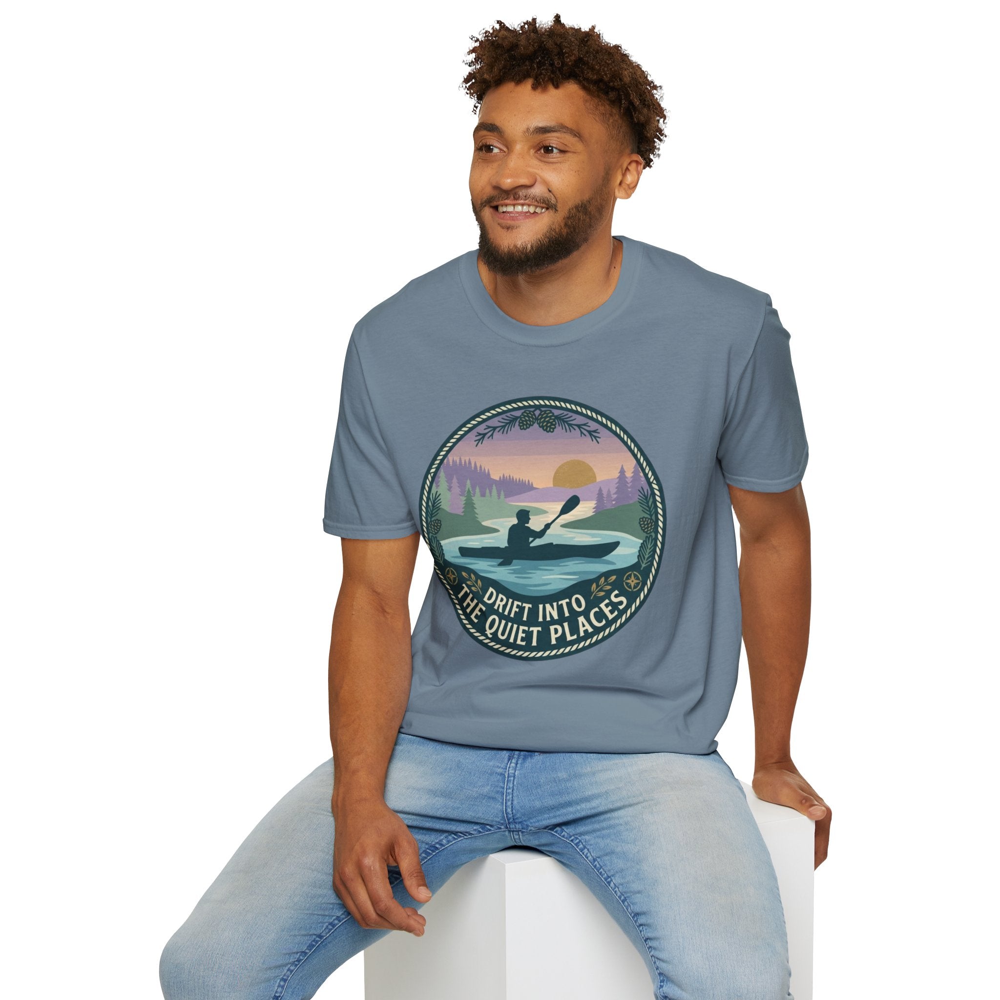 Kayak Sunset T‑Shirt — "Drift Into The Quiet Places" Outdoor Relaxation Tee