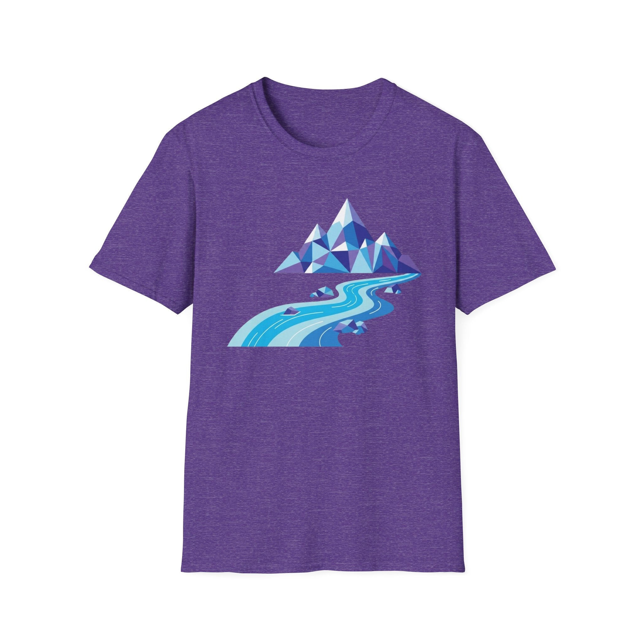 Mountain River T-Shirt — Geometric Blue Peaks & Flowing River