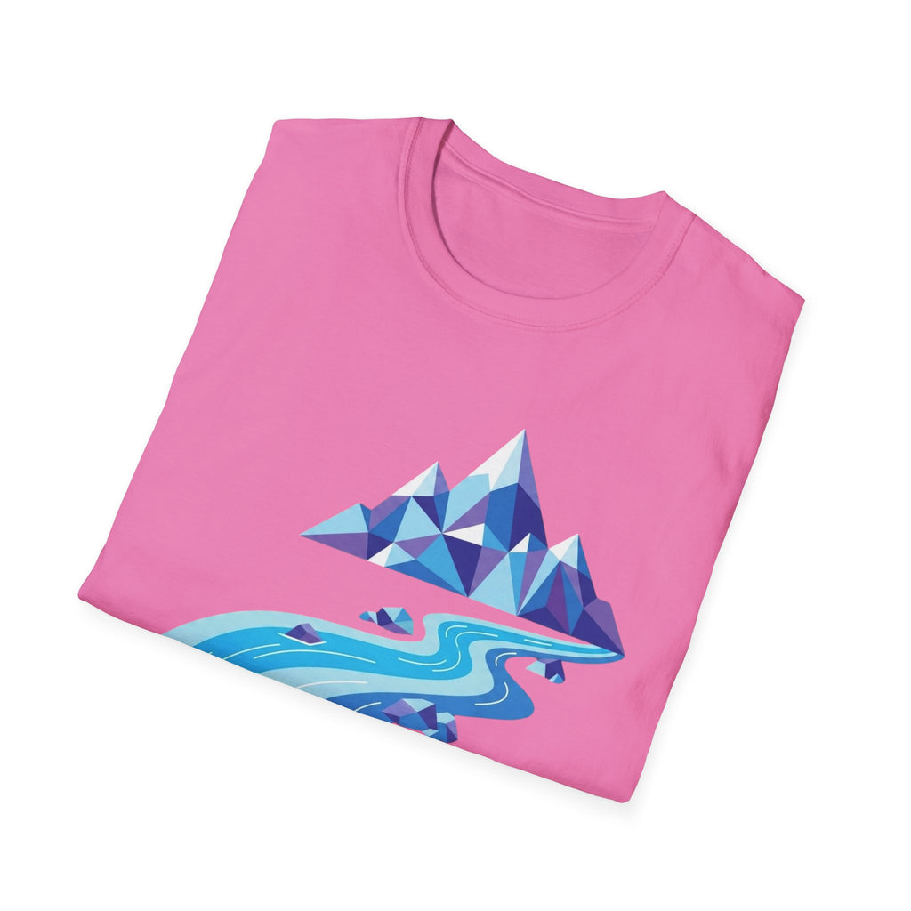 Mountain River T-Shirt — Geometric Blue Peaks & Flowing River