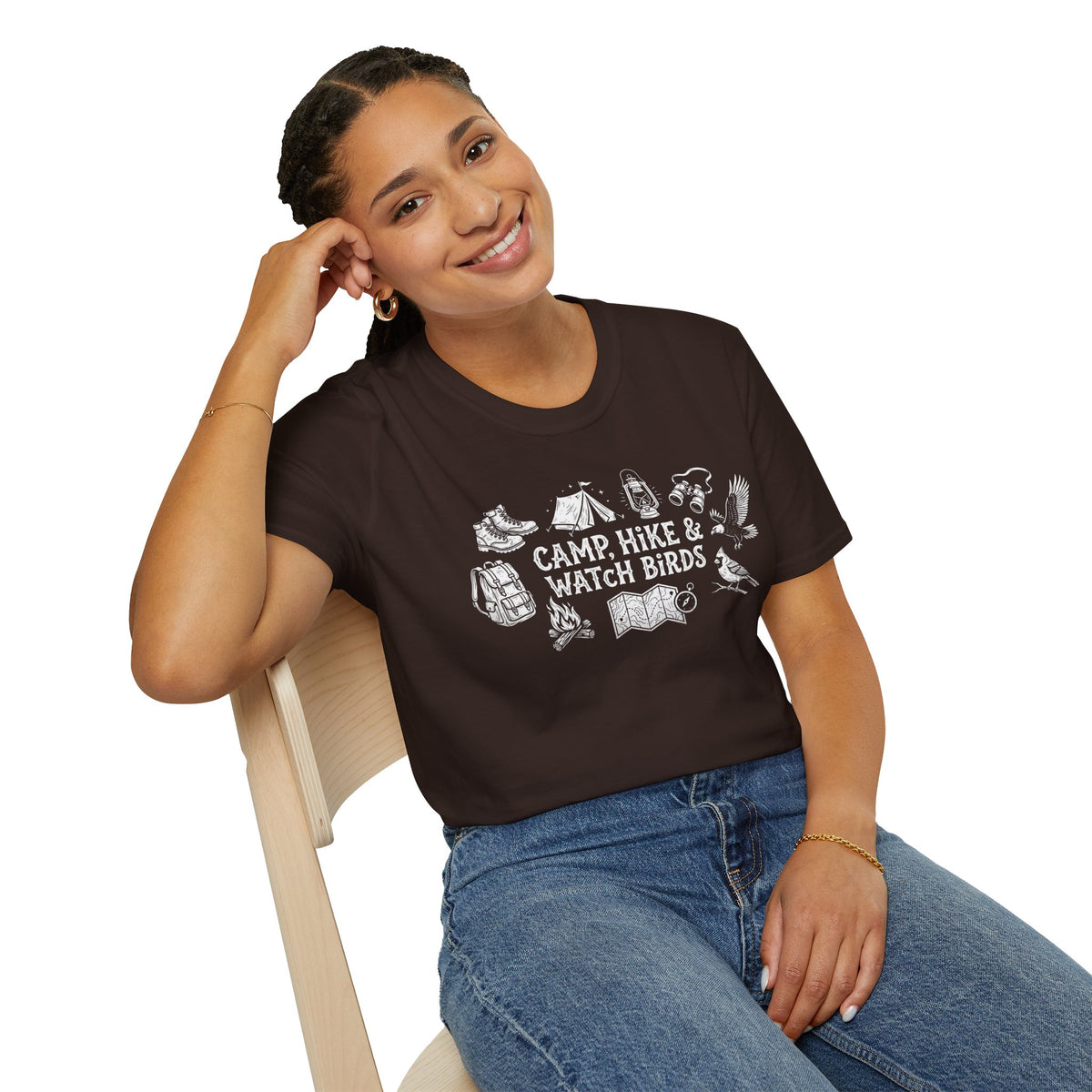 "Camp, Hike & Watch Birds" T-Shirt — Outdoor Camping Hiking Birdwatching Graphic Tee Shirt