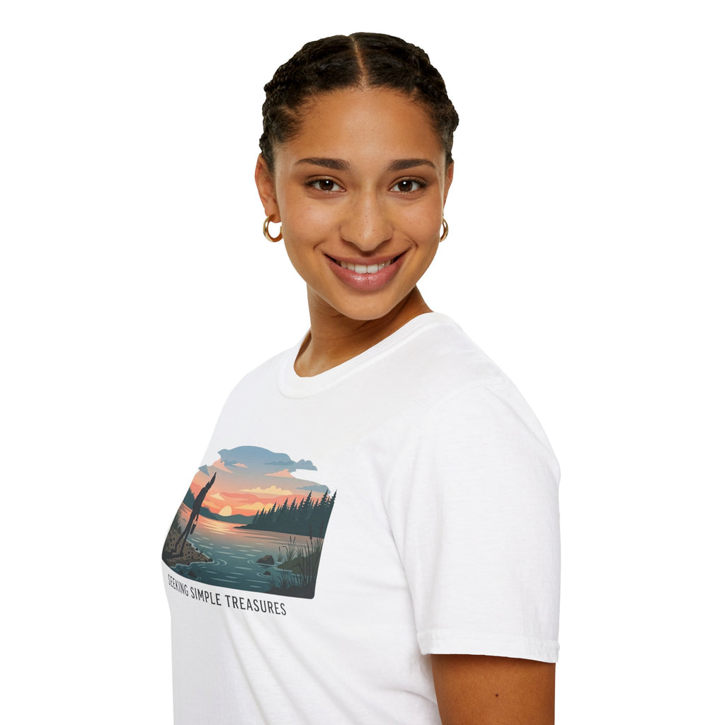 Outdoor T-Shirt — "Seeking Simple Treasures" Sunset Hiker Graphic