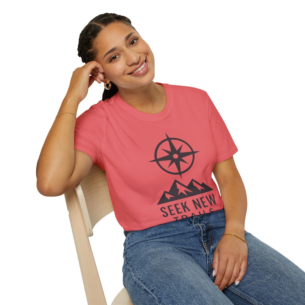 "Seek New Trails" Compass Over Mountains T-Shirt