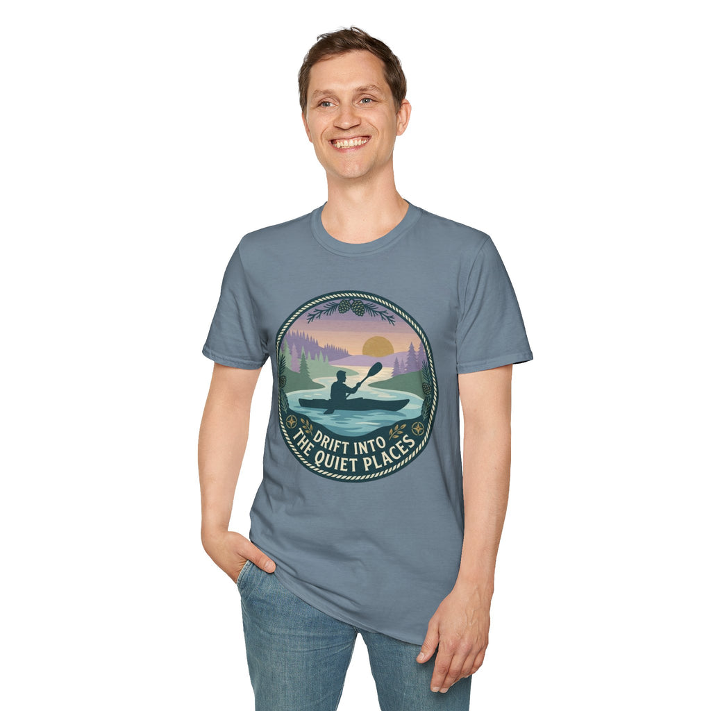 Kayak Sunset T‑Shirt — "Drift Into The Quiet Places" Outdoor Relaxation Tee