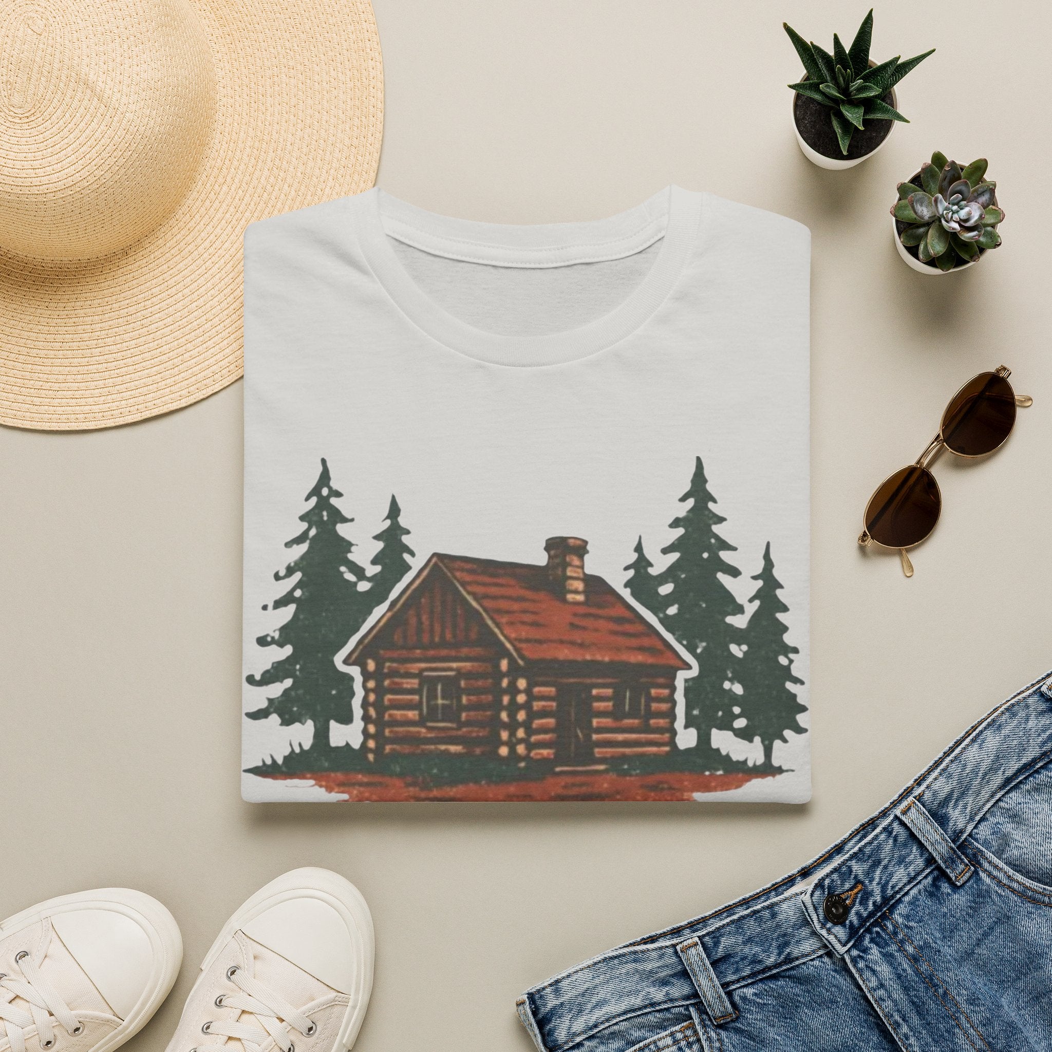 Vintage Cozy Cabin T-Shirt — Faded Pine Tree Cabin Tee