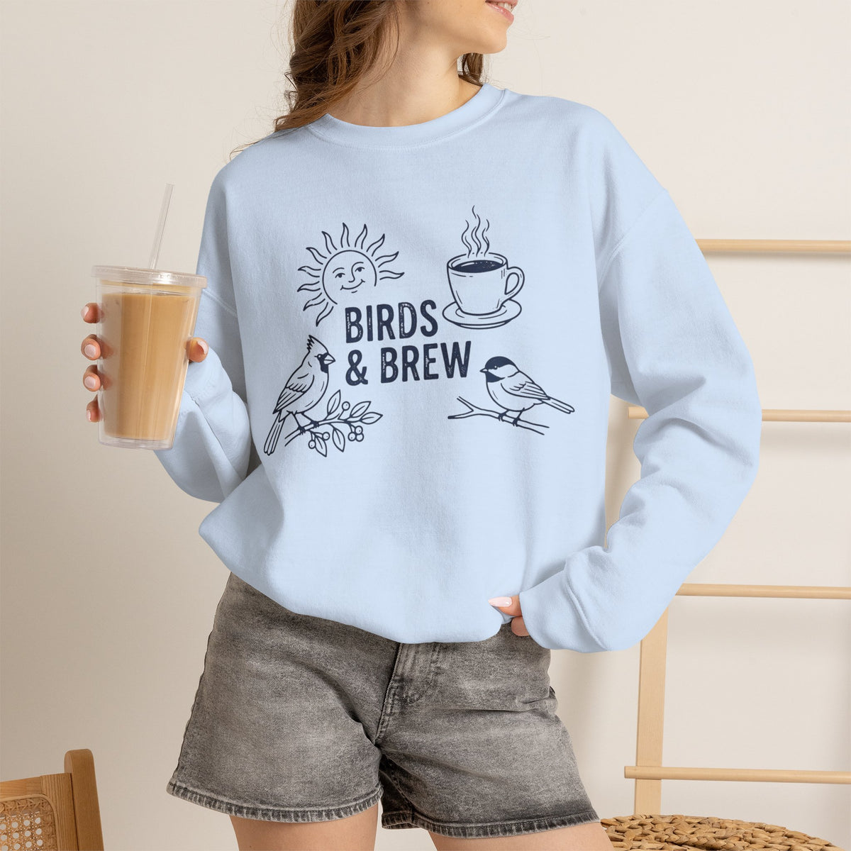 "Birds & Brew" Crewneck Sweatshirt — Cozy Coffee Lover Birdwatching Pullover