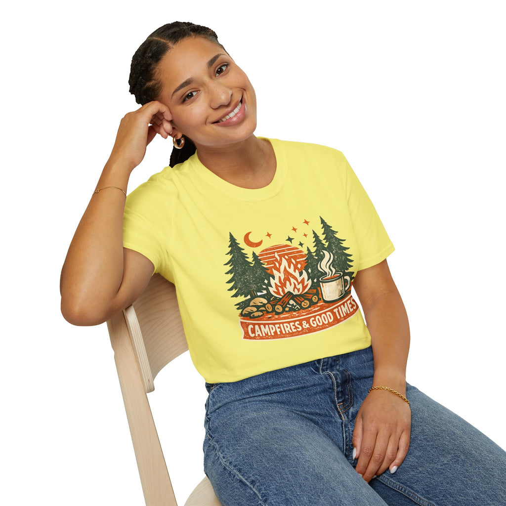 "Campfires & Good Times" T-Shirt — Retro Camping Tee with Bonfire, Trees & Coffee Mug