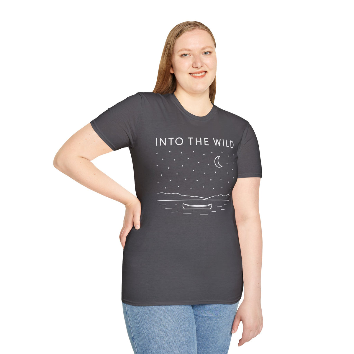 Into The Wild Canoe T-Shirt - Minimal Night Sky Lake Camping Tee