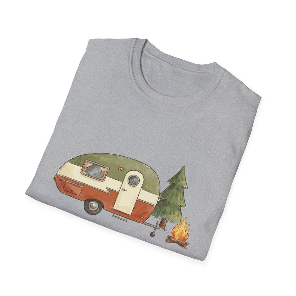 Vintage Camper & Campfire T-Shirt — Retro Trailer Camping Graphic Tee