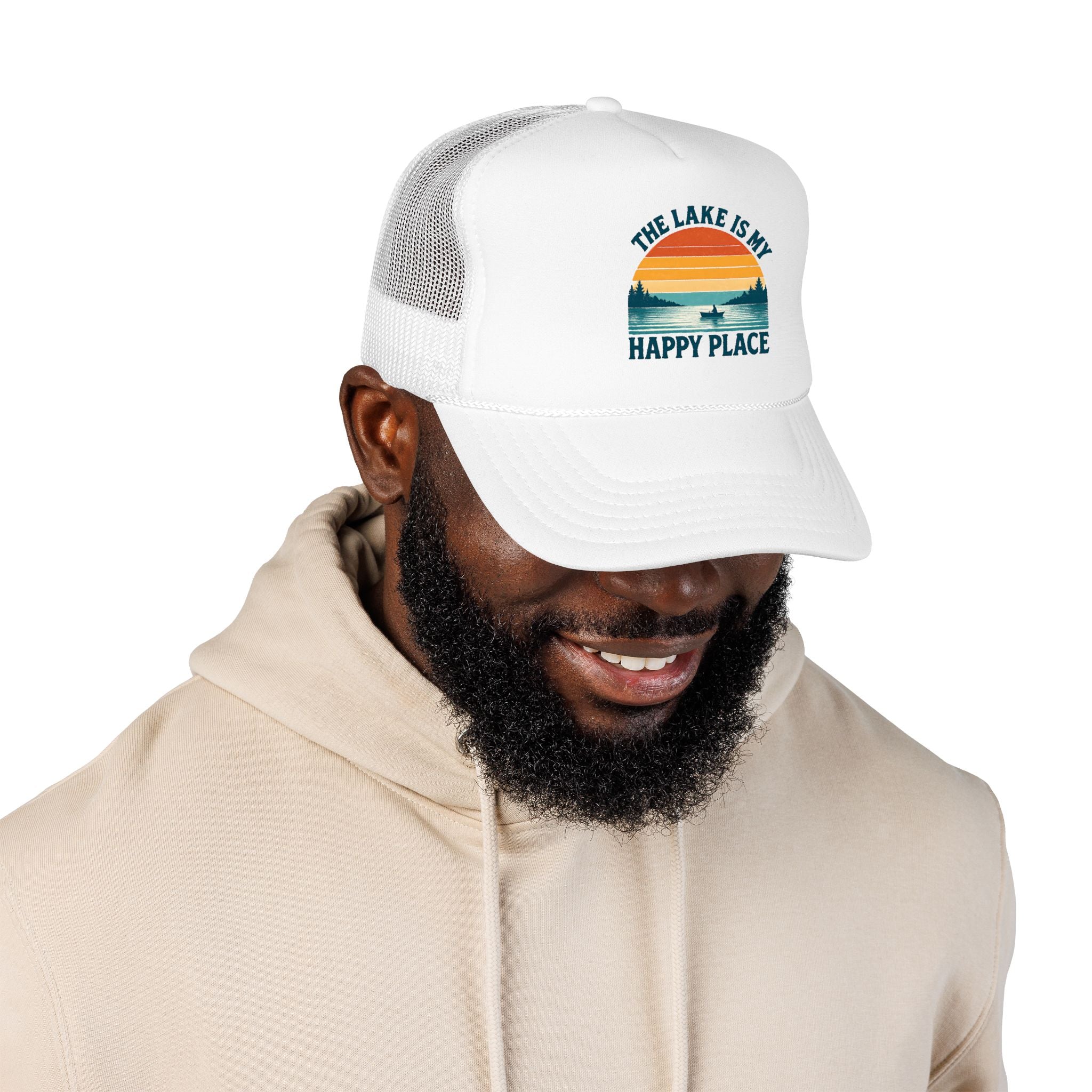 Lake Is My Happy Place Trucker Hat — Vintage Sunset Fishing Foam Cap