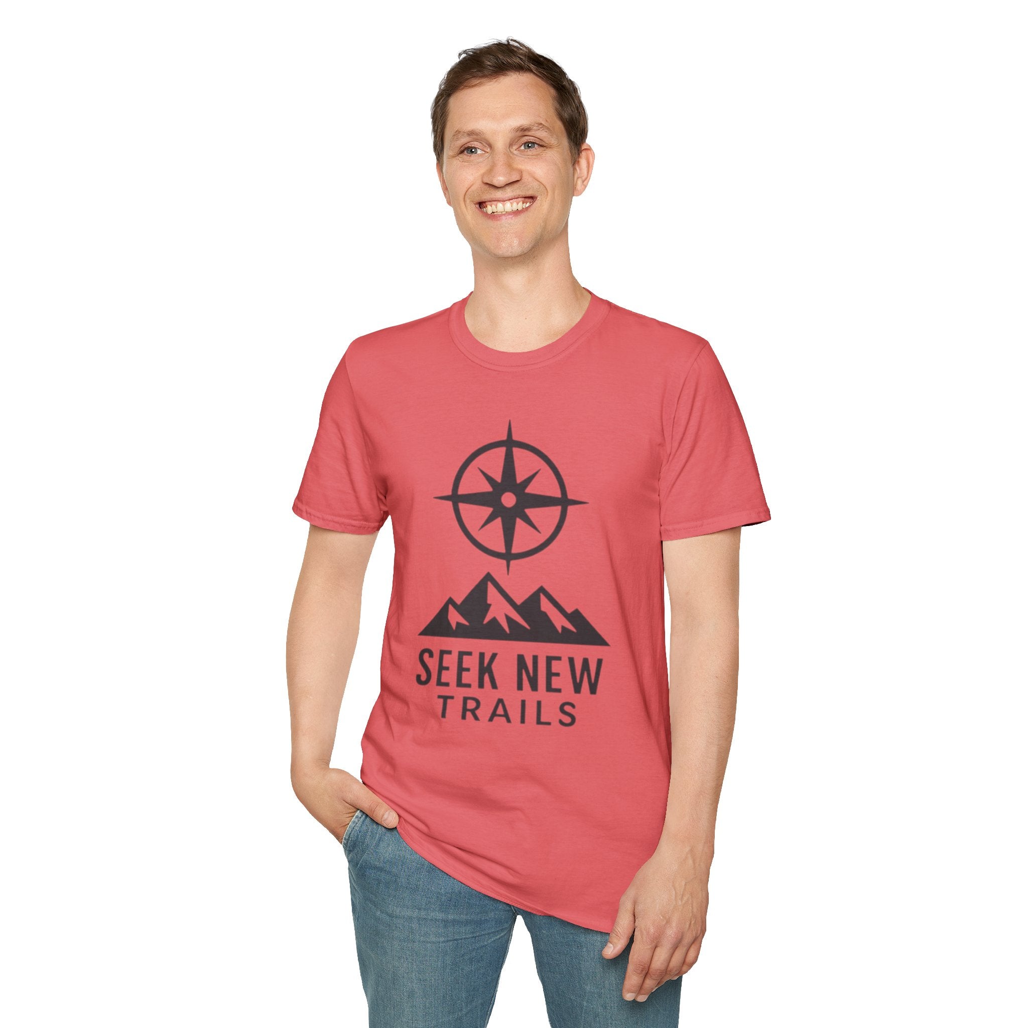 "Seek New Trails" Compass Over Mountains T-Shirt