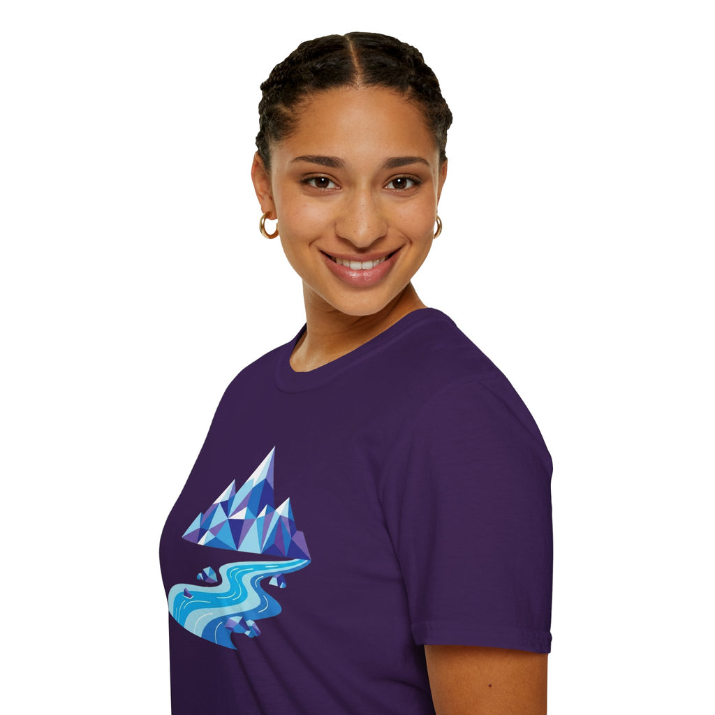 Mountain River T-Shirt — Geometric Blue Peaks & Flowing River