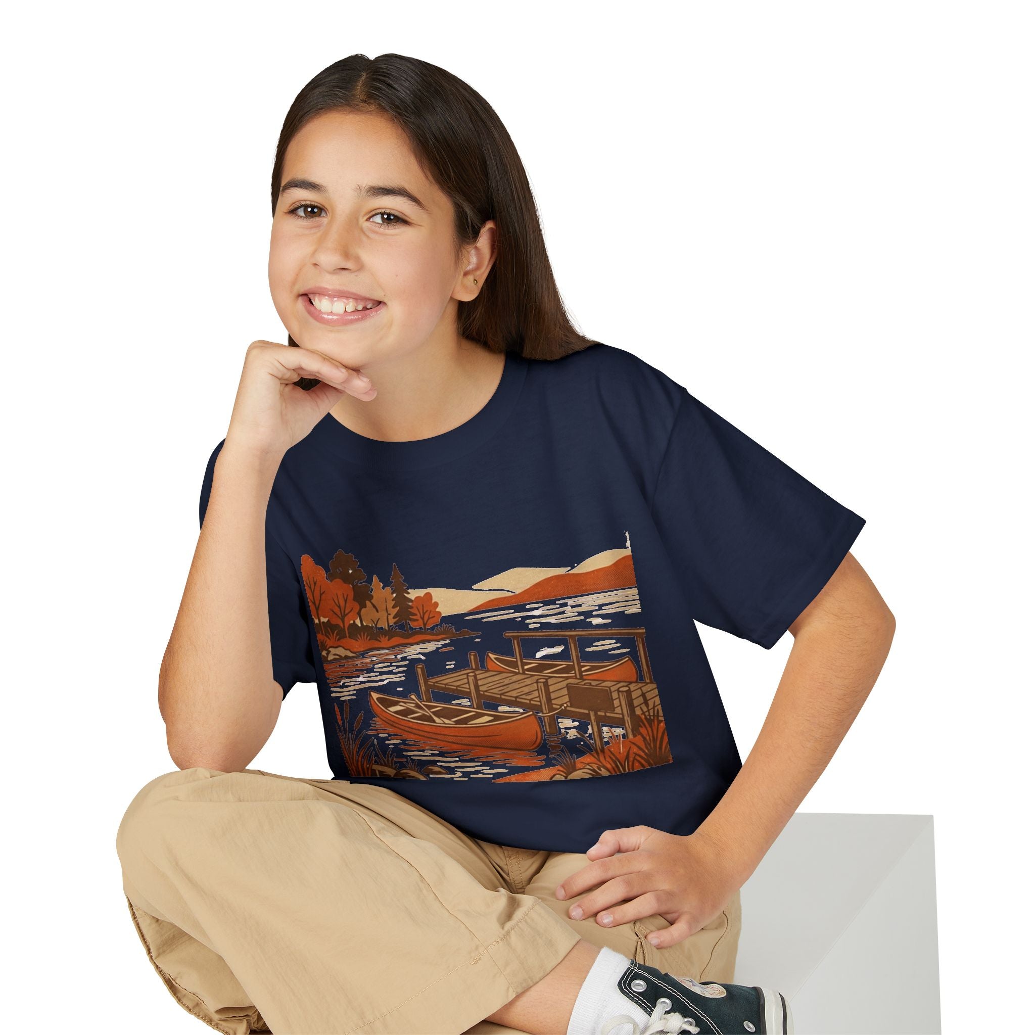 Youth T-Shirt — Autumn Lakeside Dock & Canoe Kids Tee