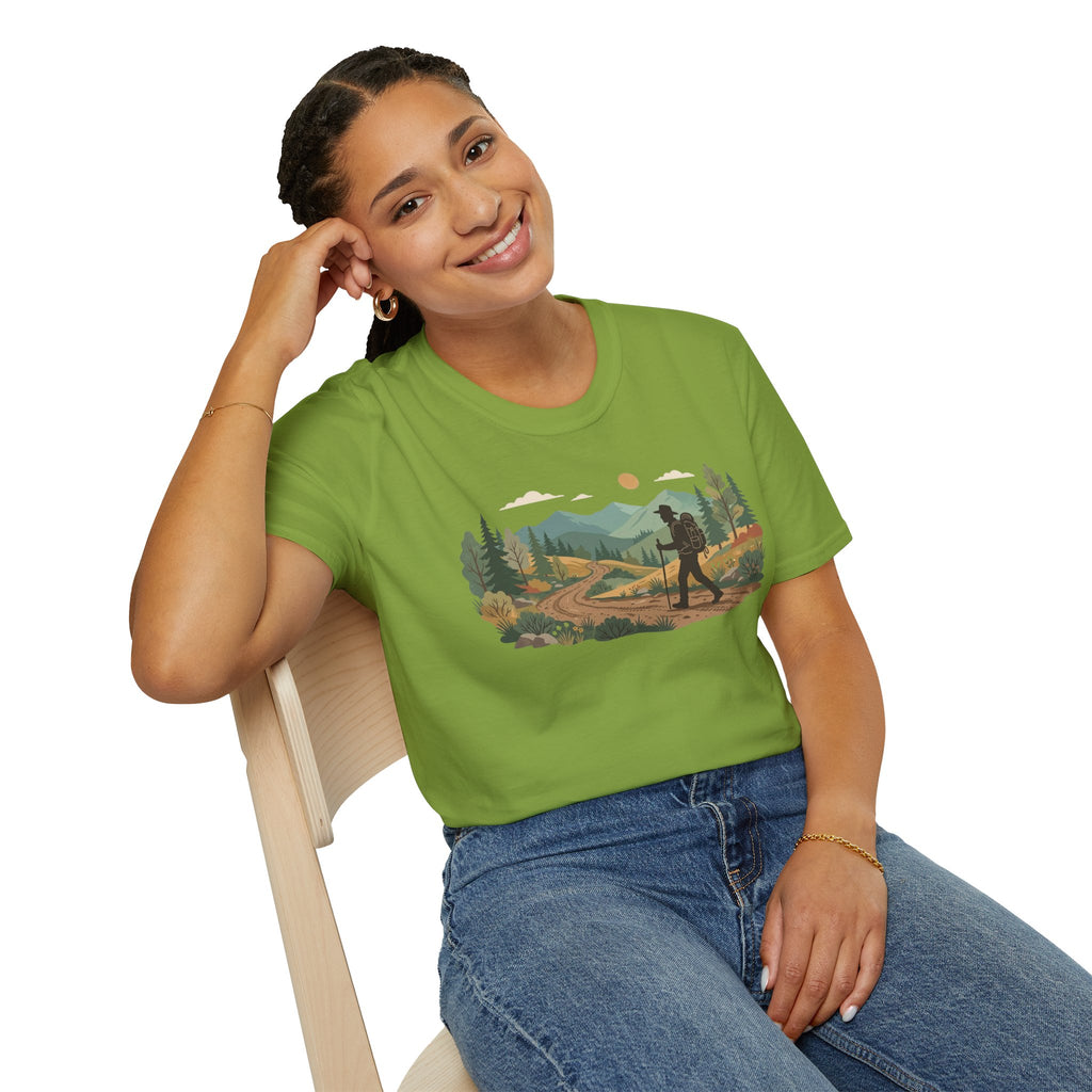Hiker Mountain Sunset T-Shirt — Scenic Trail Adventure Tee