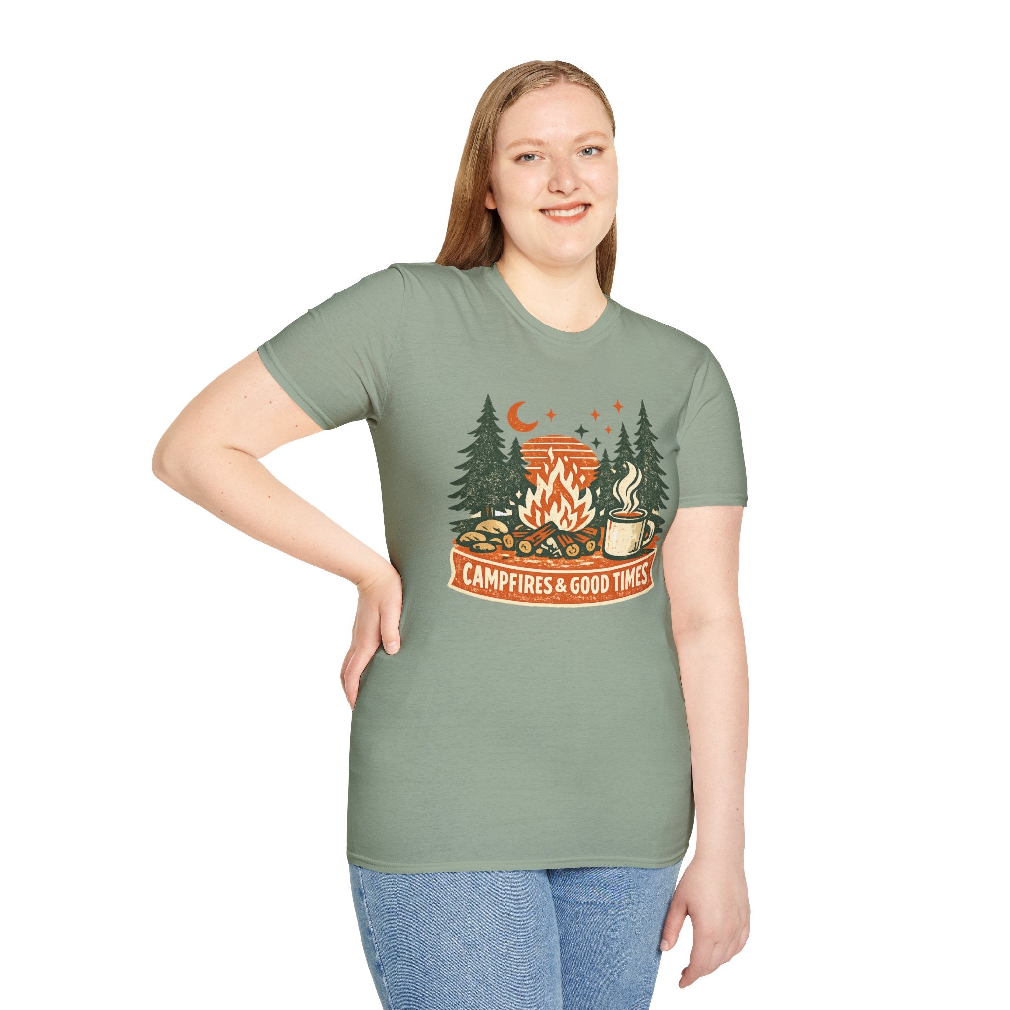 "Campfires & Good Times" T-Shirt — Retro Camping Tee with Bonfire, Trees & Coffee Mug