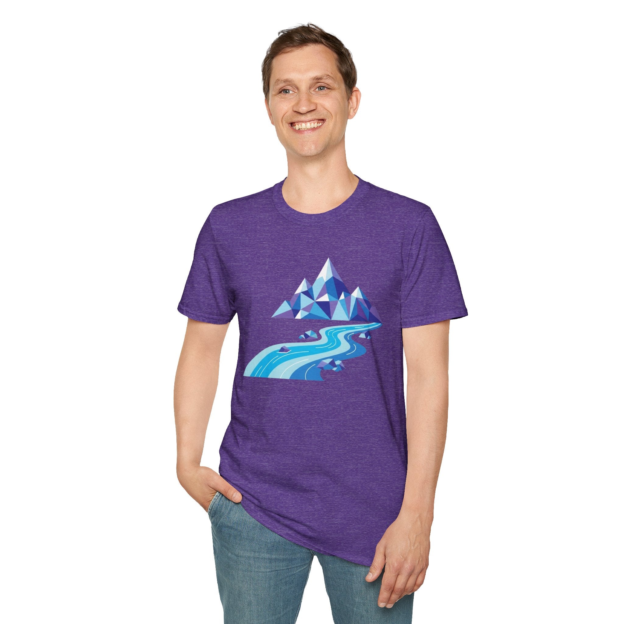 Mountain River T-Shirt — Geometric Blue Peaks & Flowing River