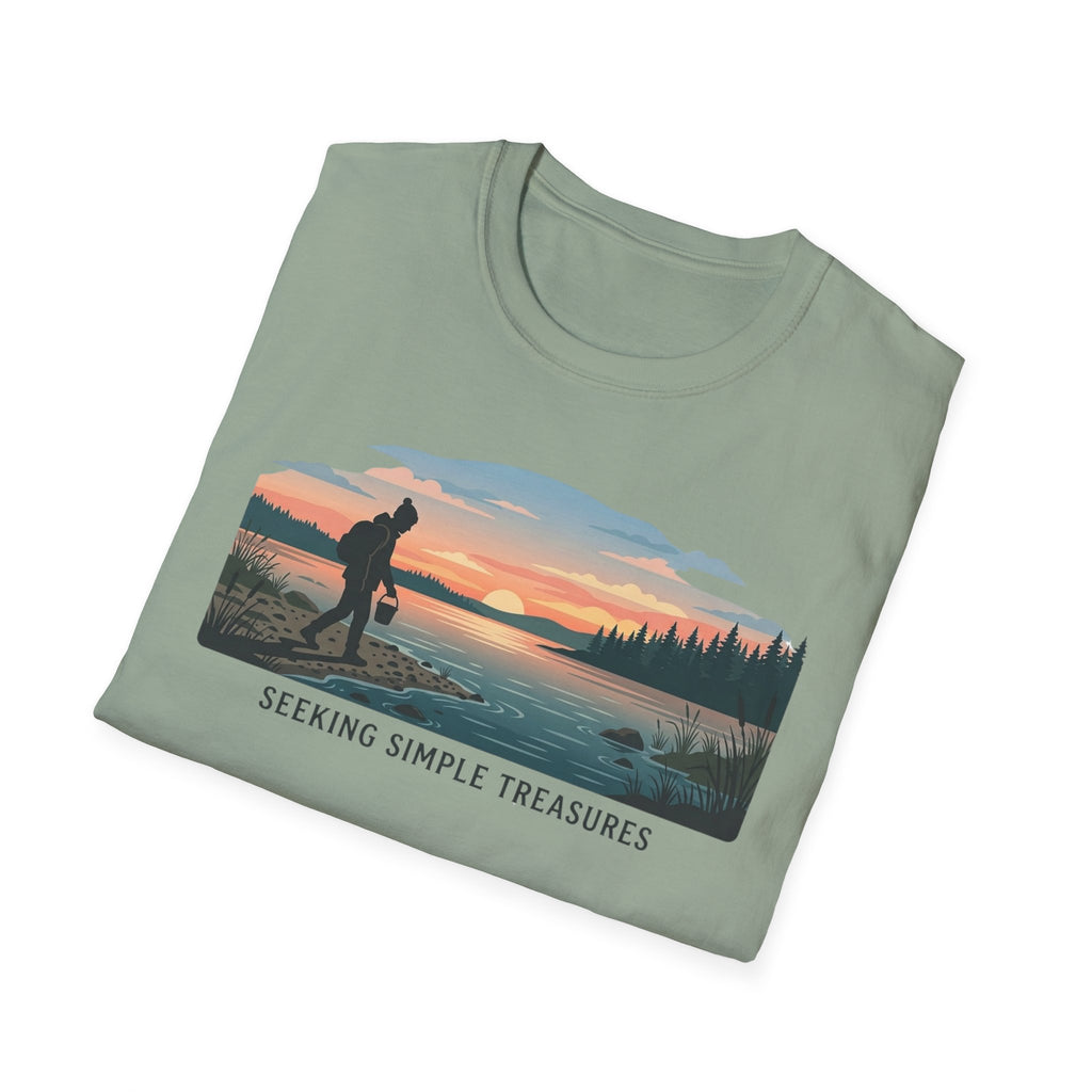 Outdoor T-Shirt — "Seeking Simple Treasures" Sunset Hiker Graphic