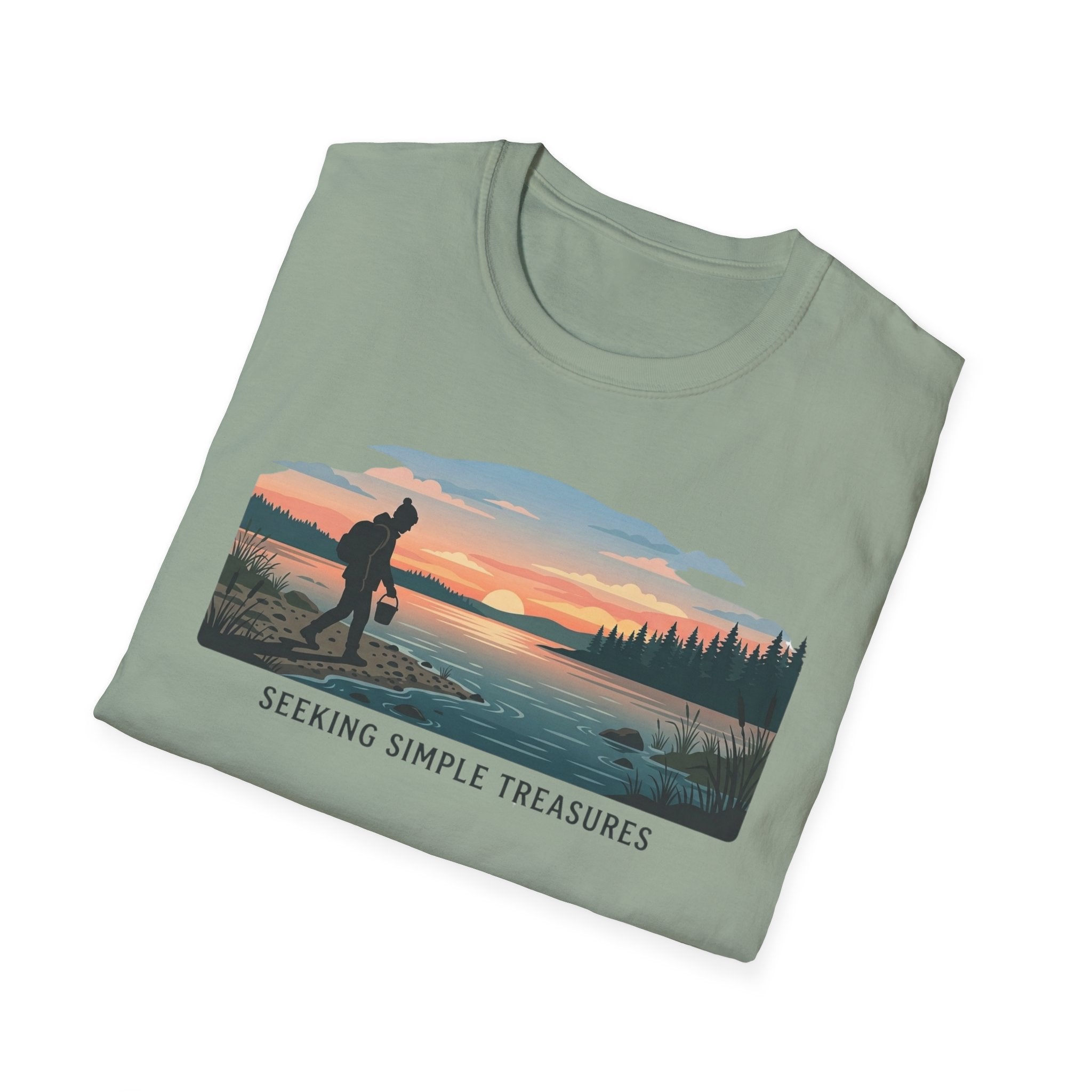Outdoor T-Shirt — "Seeking Simple Treasures" Sunset Hiker Graphic