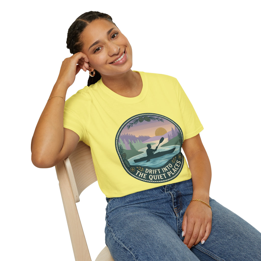 "Drift Into The Quiet Places" Kayak Sunset T‑Shirt — Outdoor Relaxation Tee Shirt