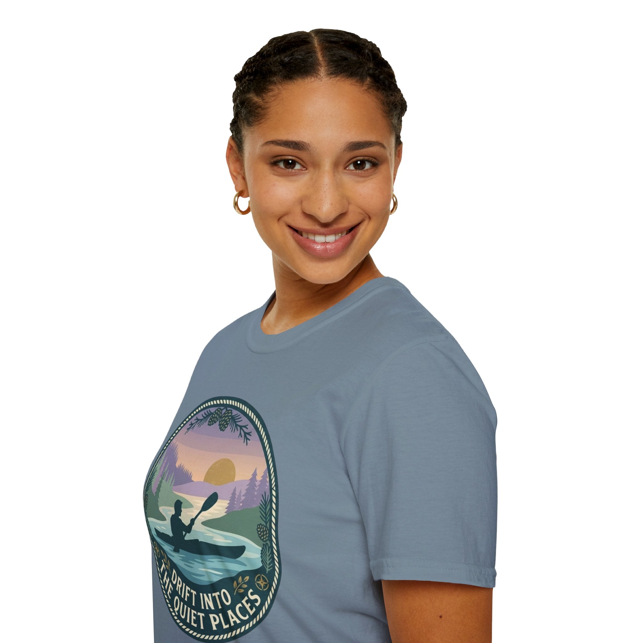 Kayak Sunset T‑Shirt — "Drift Into The Quiet Places" Outdoor Relaxation Tee