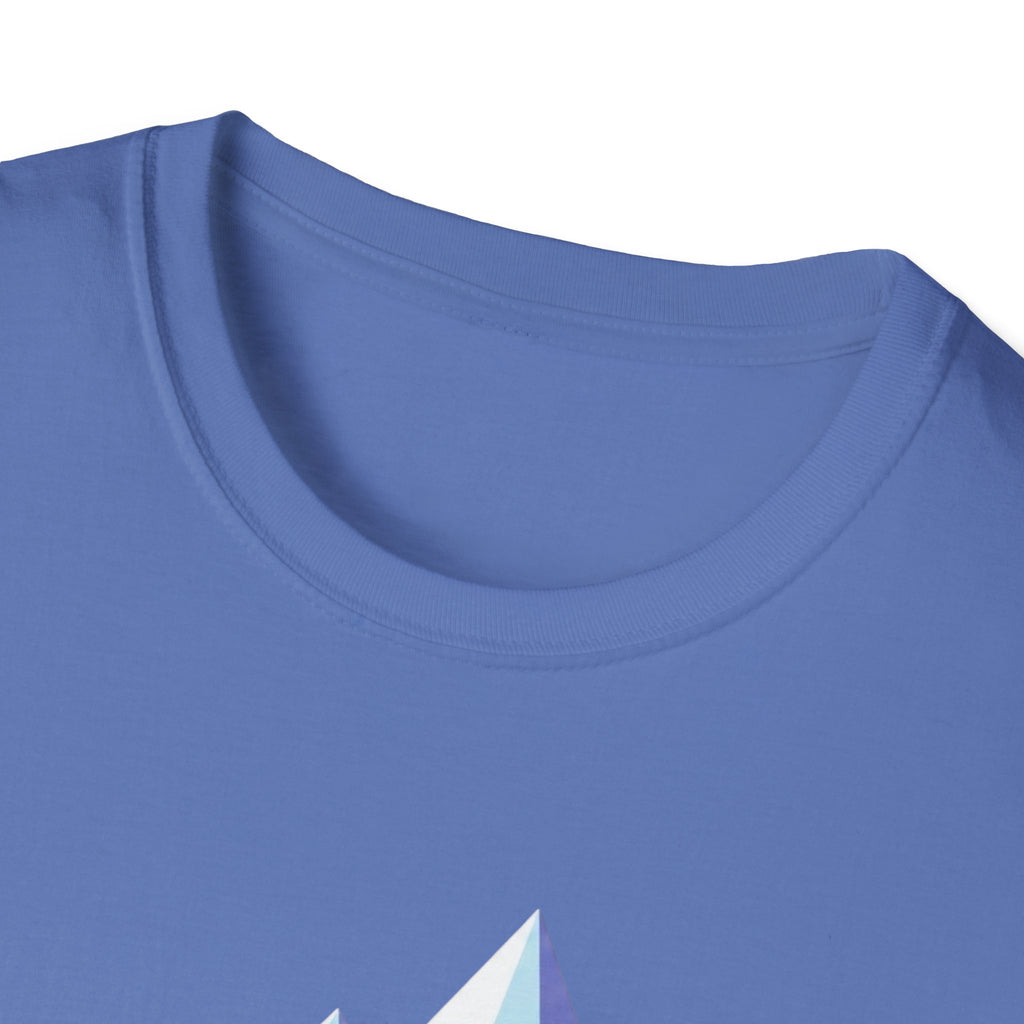 Mountain River T-Shirt — Geometric Blue Peaks & Flowing River