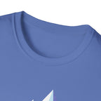 Mountain River T-Shirt — Geometric Blue Peaks & Flowing River