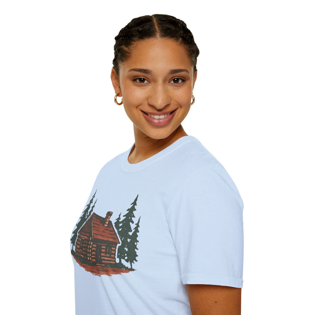 Vintage Cozy Cabin T-Shirt — Faded Pine Tree Cabin Tee