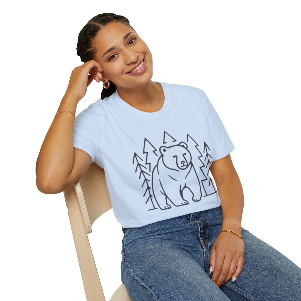 Bear & Pines T-Shirt — Minimal Line Drawing Woodland Tee