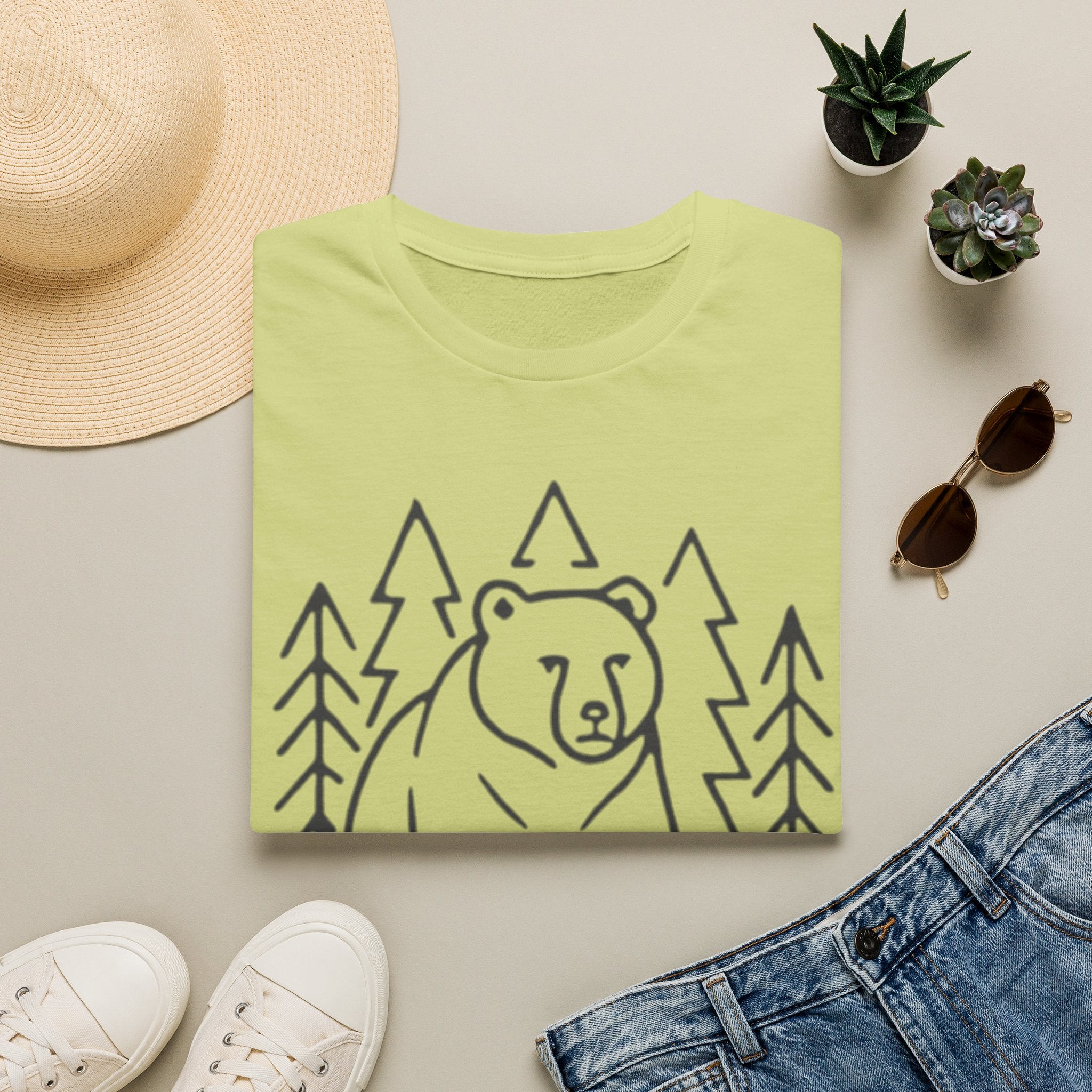 Bear & Pines T-Shirt — Minimal Line Drawing Woodland Tee
