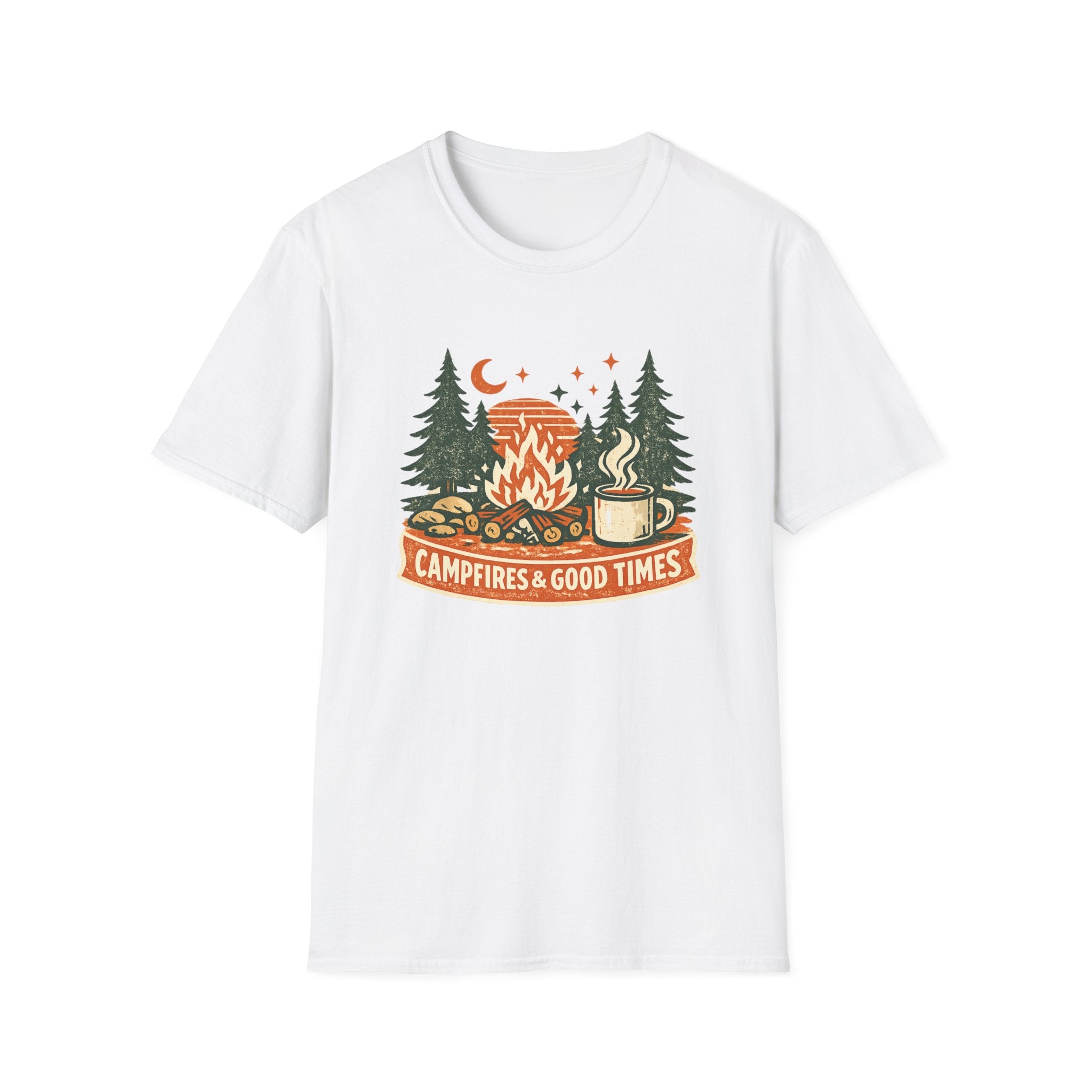 Campfires & Good Times T-Shirt — Retro Camping Tee with Bonfire, Trees & Coffee Mug