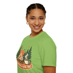 "Campfires & Good Times" T-Shirt — Retro Camping Tee with Bonfire, Trees & Coffee Mug