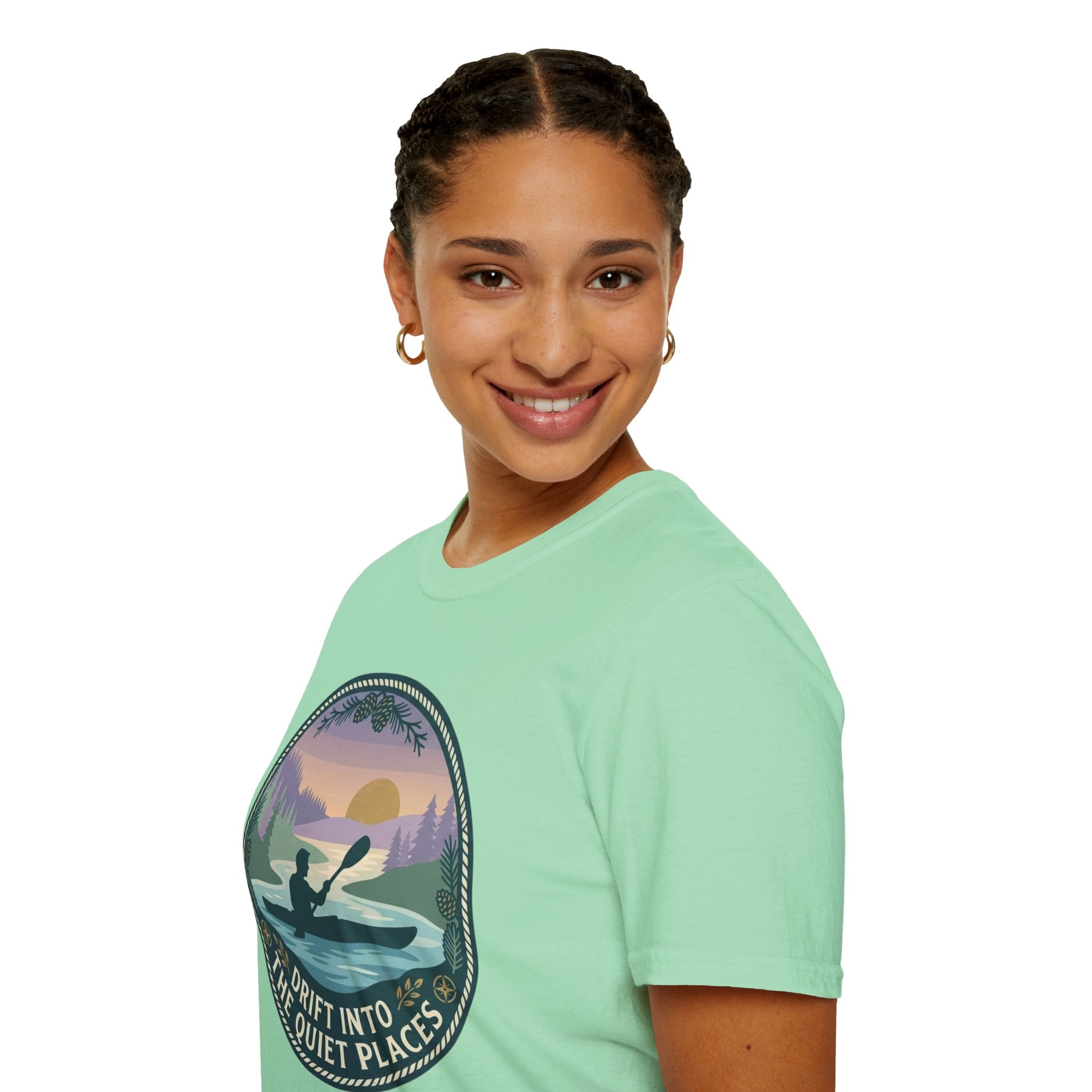 Kayak Sunset T‑Shirt — "Drift Into The Quiet Places" Outdoor Relaxation Tee