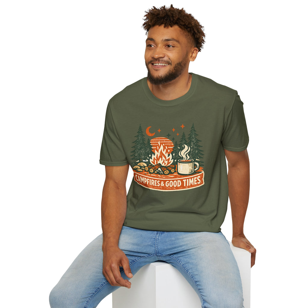 "Campfires & Good Times" T-Shirt — Retro Camping Tee with Bonfire, Trees & Coffee Mug