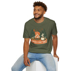 "Campfires & Good Times" T-Shirt — Retro Camping Tee with Bonfire, Trees & Coffee Mug