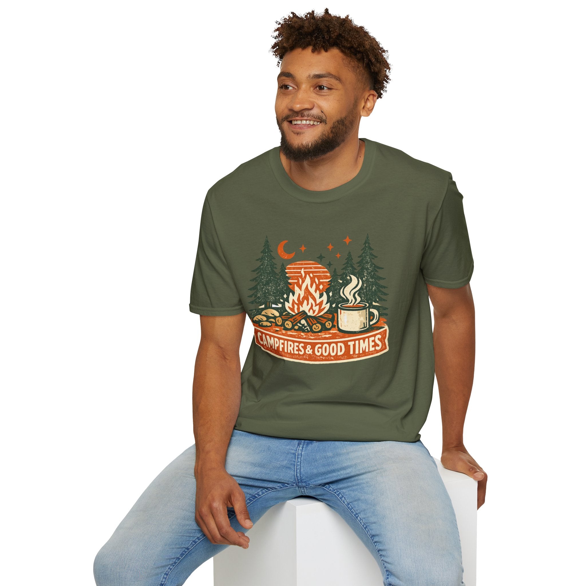 "Campfires & Good Times" T-Shirt — Retro Camping Tee with Bonfire, Trees & Coffee Mug