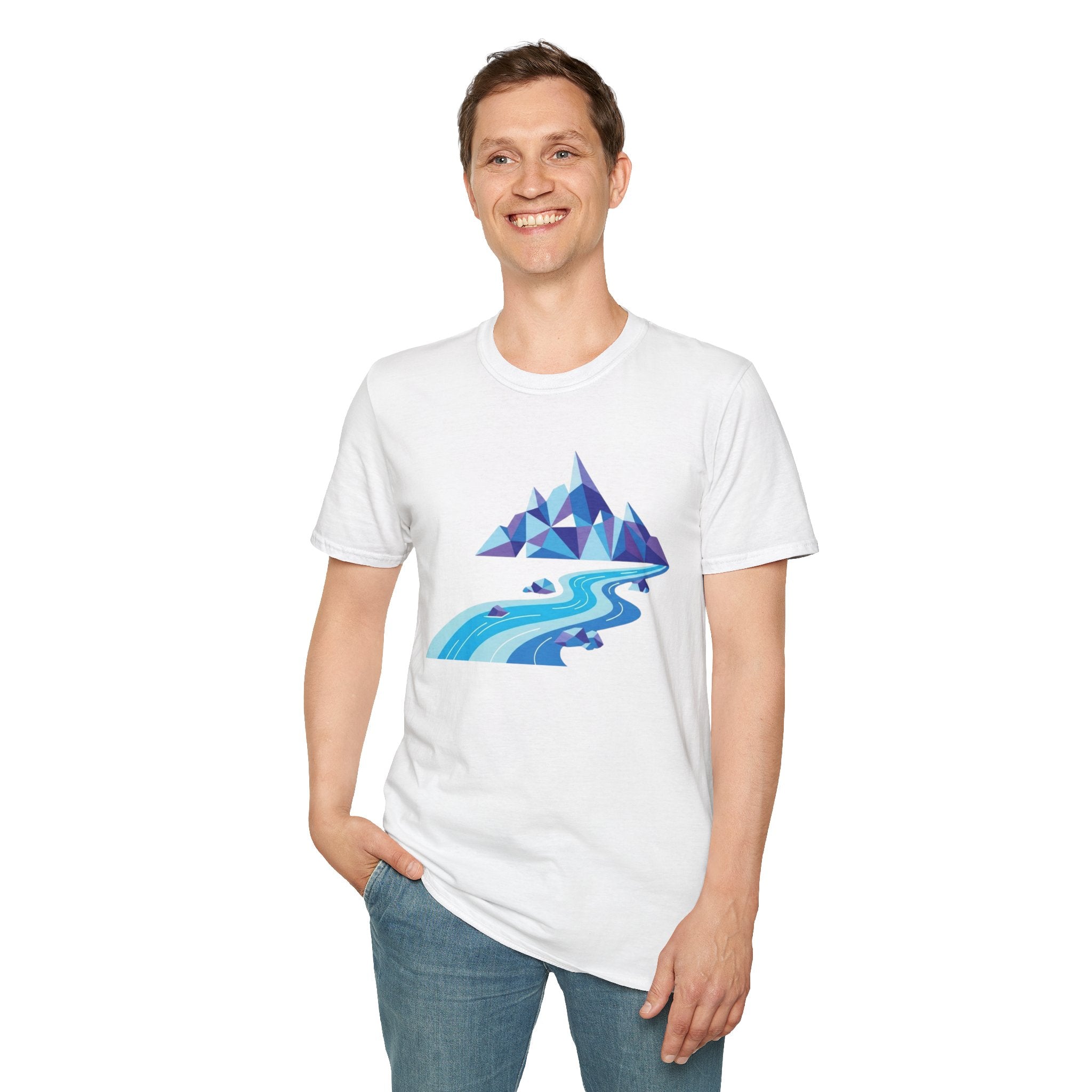 Mountain River T-Shirt — Geometric Blue Peaks & Flowing River