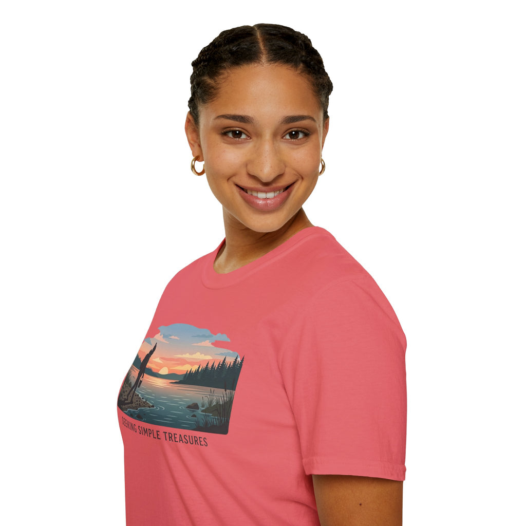 Outdoor T-Shirt — "Seeking Simple Treasures" Sunset Hiker Graphic