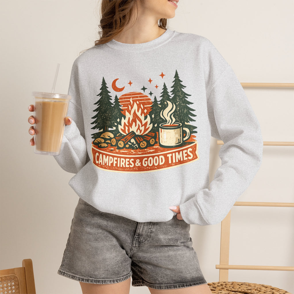"Campfires & Good Times" Crewneck Sweatshirt — Cozy Camping Graphic Pullover Sweatshirt