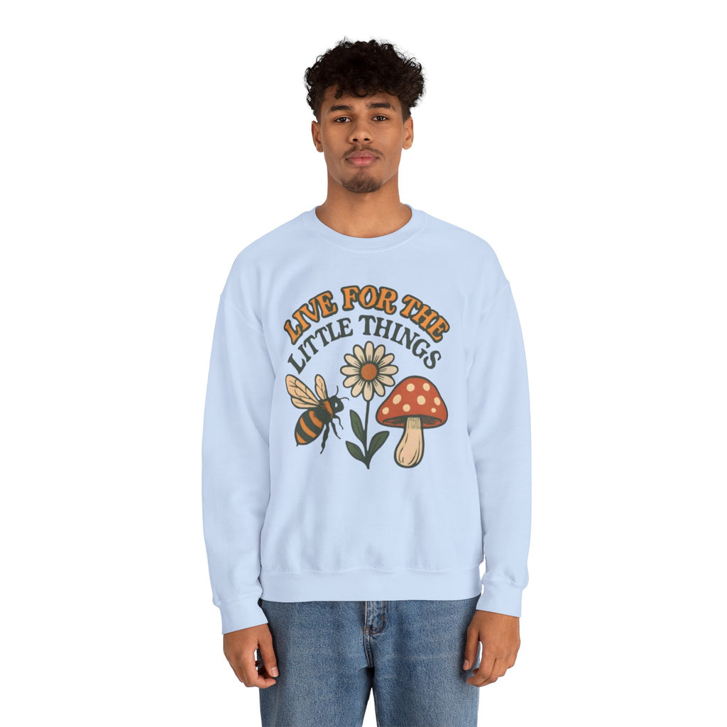 "Live For The Little Things" Bee, Daisy & Mushroom Retro Nature Design Crewneck Sweatshirt