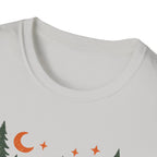 "Campfires & Good Times" T-Shirt — Retro Camping Tee with Bonfire, Trees & Coffee Mug
