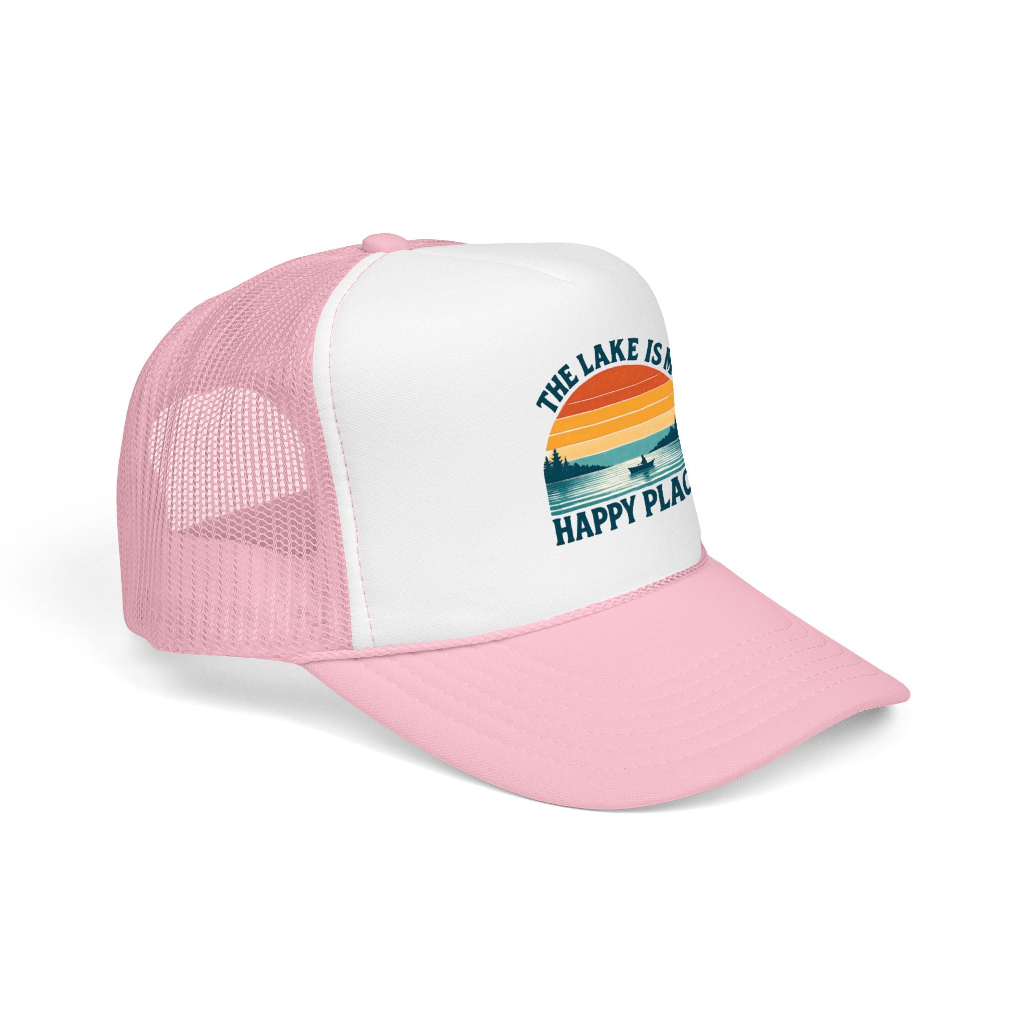 Lake Is My Happy Place Trucker Hat — Vintage Sunset Fishing Foam Cap