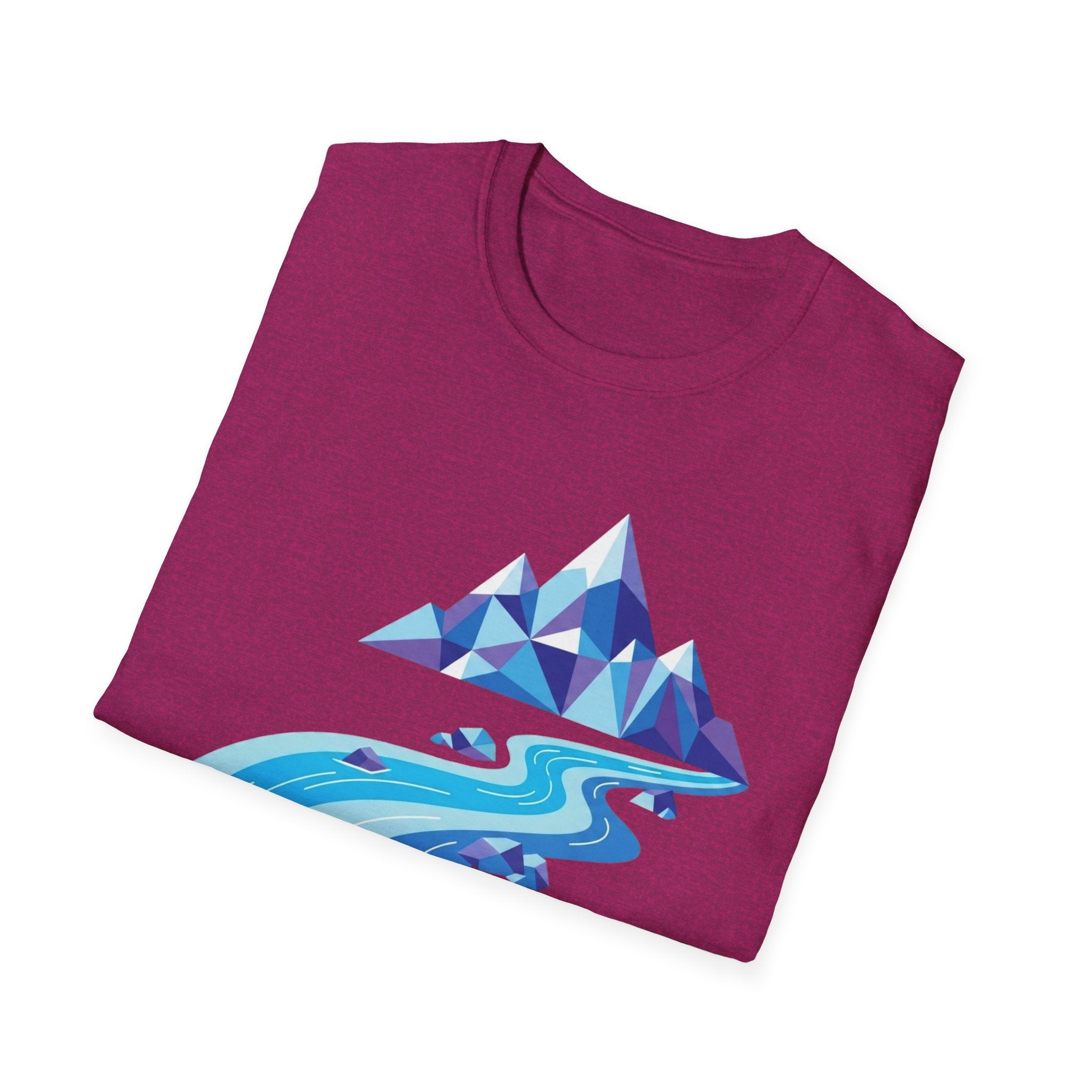 Mountain River T-Shirt — Geometric Blue Peaks & Flowing River