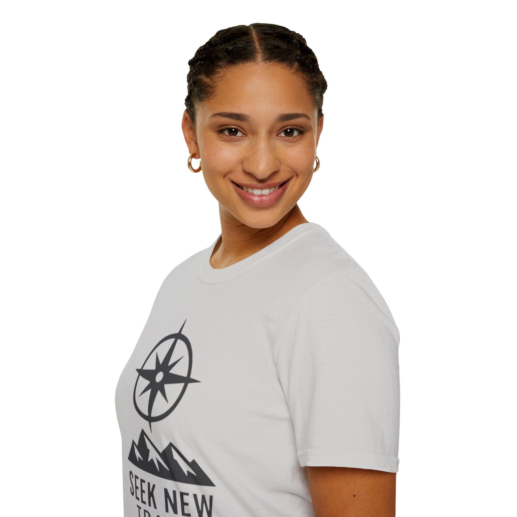 "Seek New Trails" Compass Over Mountains T-Shirt