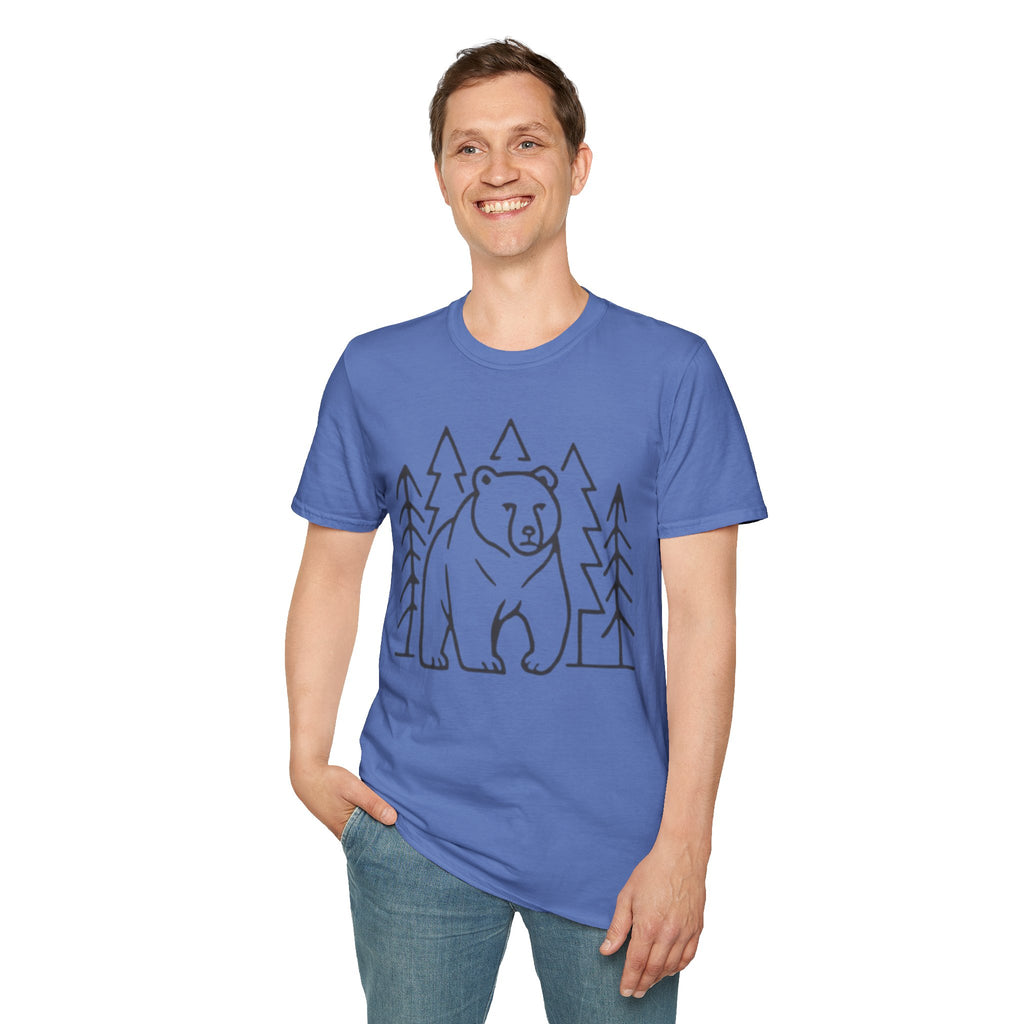 Bear & Pines T-Shirt — Minimal Line Drawing Woodland Tee