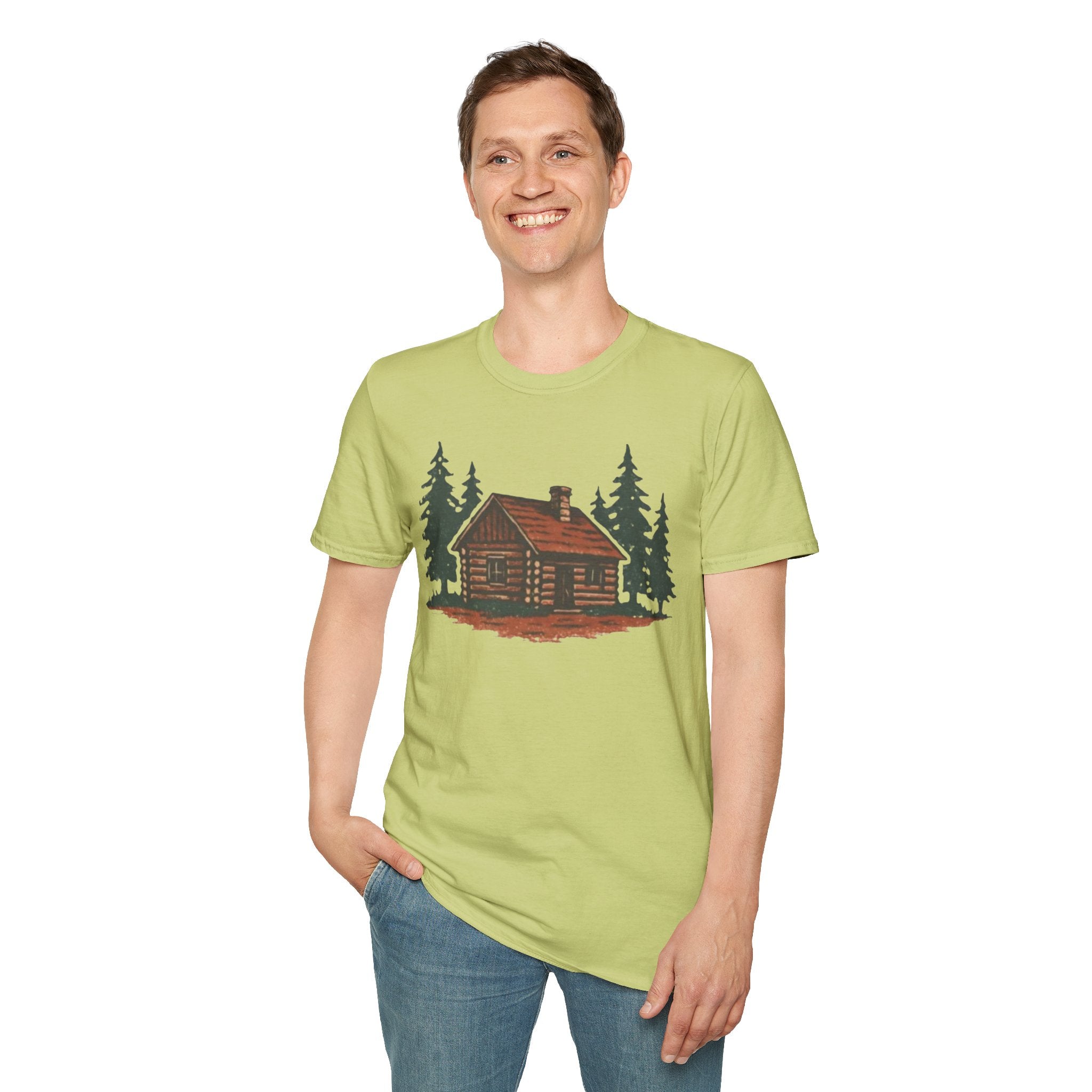 Vintage Cozy Cabin T-Shirt — Faded Pine Tree Cabin Tee