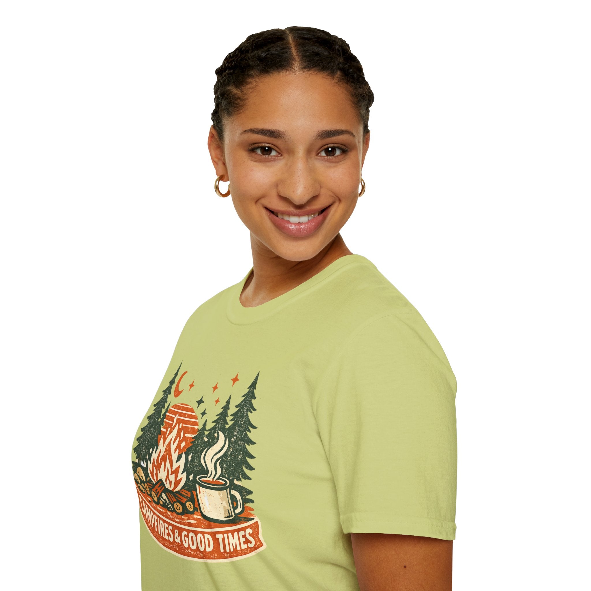 "Campfires & Good Times" T-Shirt — Retro Camping Tee with Bonfire, Trees & Coffee Mug