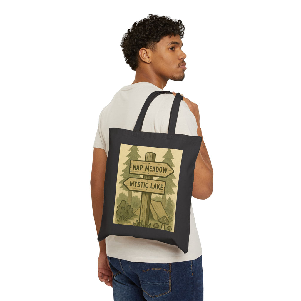 Tote Bag — Rustic ‘Nap Meadow / Mystic Lake’ Camping Sign Canvas Tote