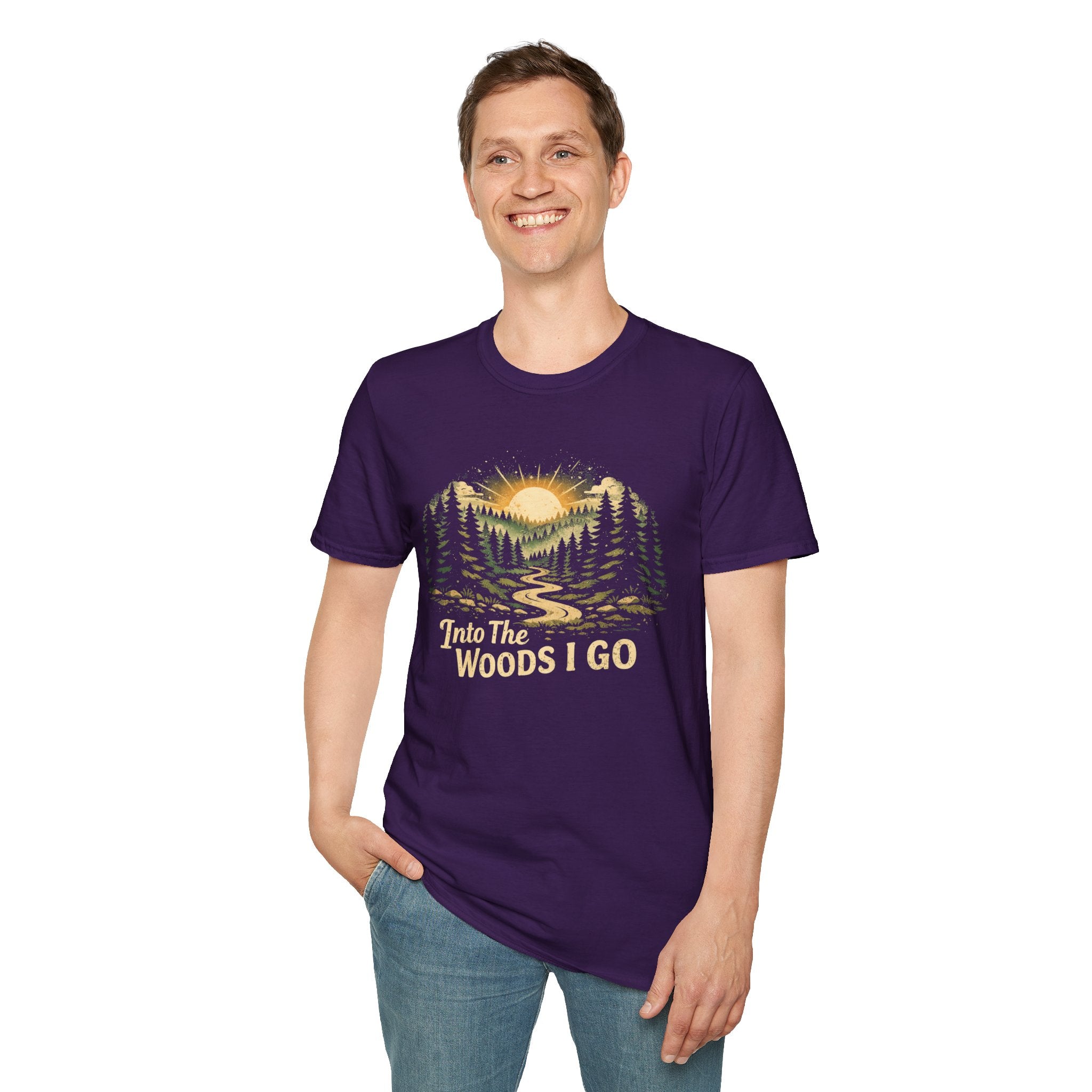 T-Shirt — "Into The Woods I Go" Vintage Forest Sunset Tee