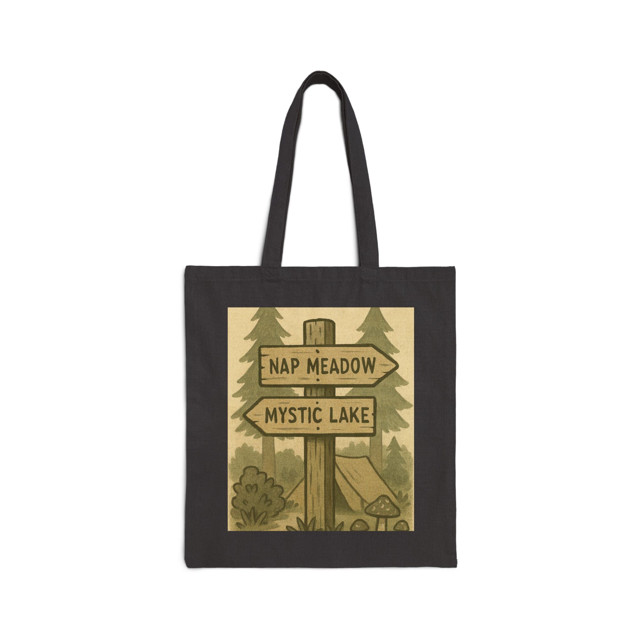 Tote Bag — Rustic ‘Nap Meadow / Mystic Lake’ Camping Sign Canvas Tote