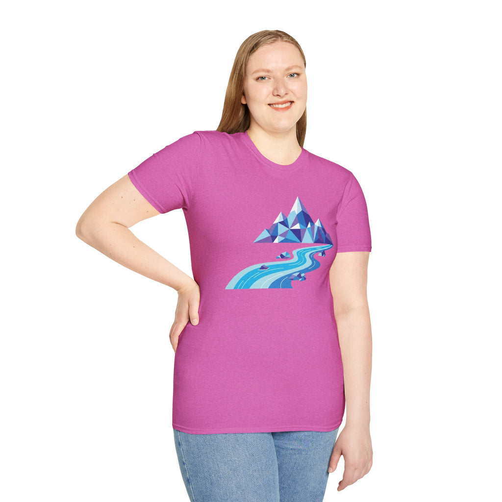 Mountain River T-Shirt — Geometric Blue Peaks & Flowing River