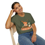 "Campfires & Good Times" T-Shirt — Retro Camping Tee with Bonfire, Trees & Coffee Mug
